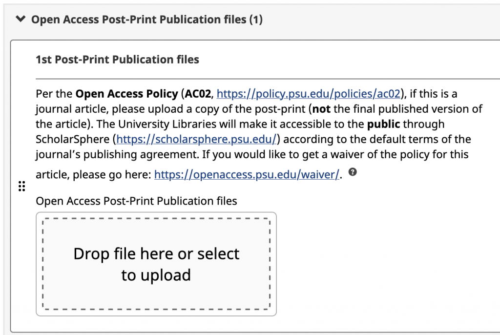 Screenshot of "Open Access Post-Print Publication files" section of "Edit Publications" page